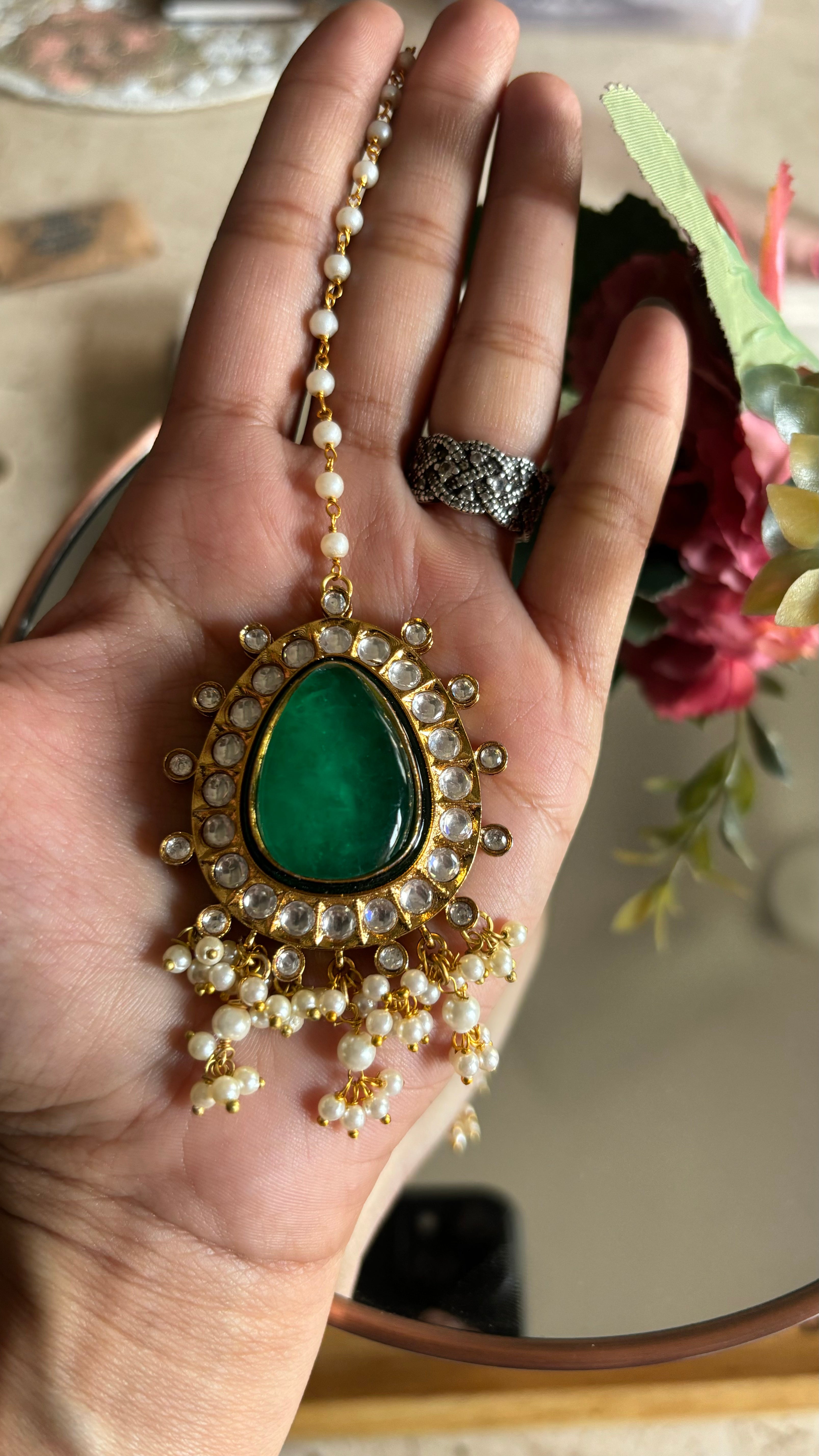 Emerald doublet meenakari earrings and maangtika