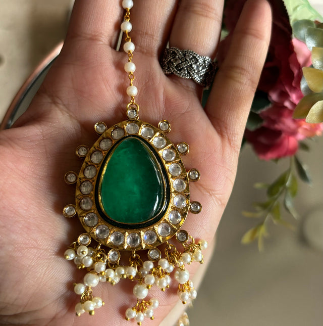 Emerald doublet meenakari earrings and maangtika