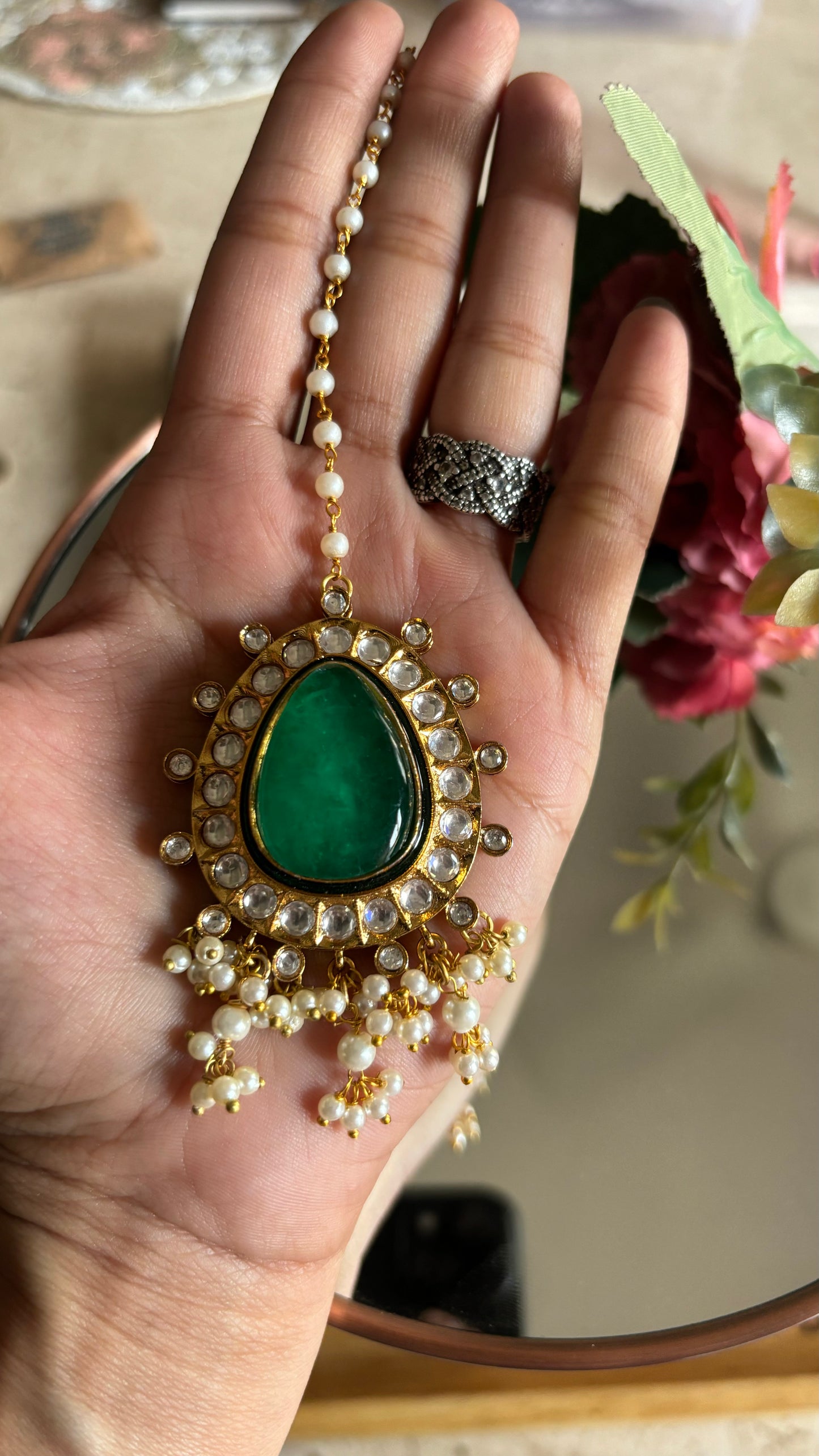 Emerald doublet meenakari earrings and maangtika