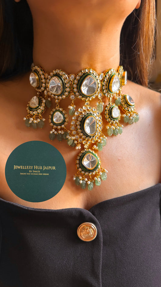 Emerald meenakari polki with mint drop choker