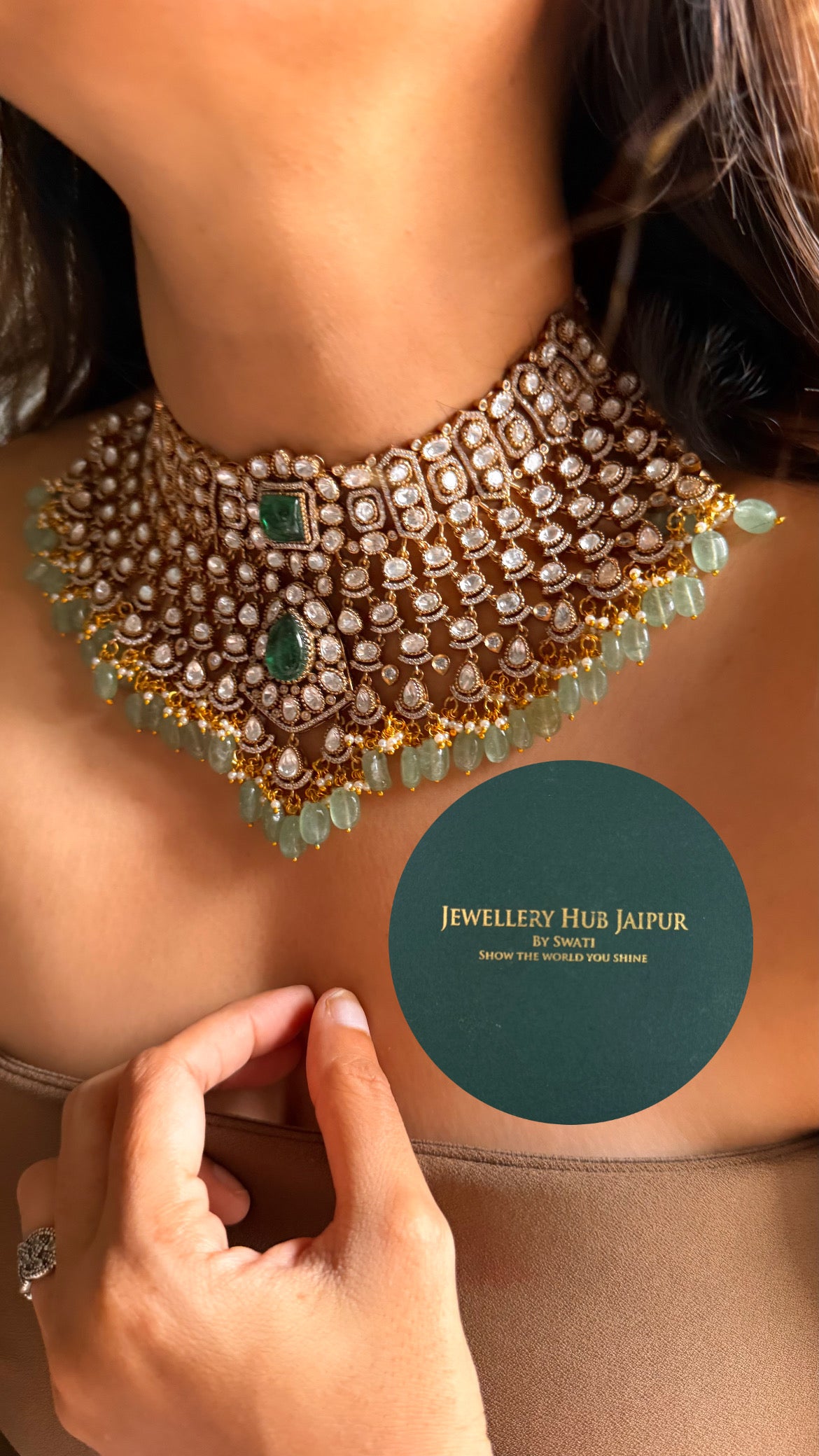 Emerald doublet real uncut moissanite polki bridal choker set