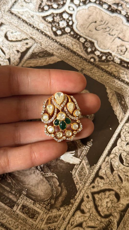 Emerald moissanite polki adjustable ring