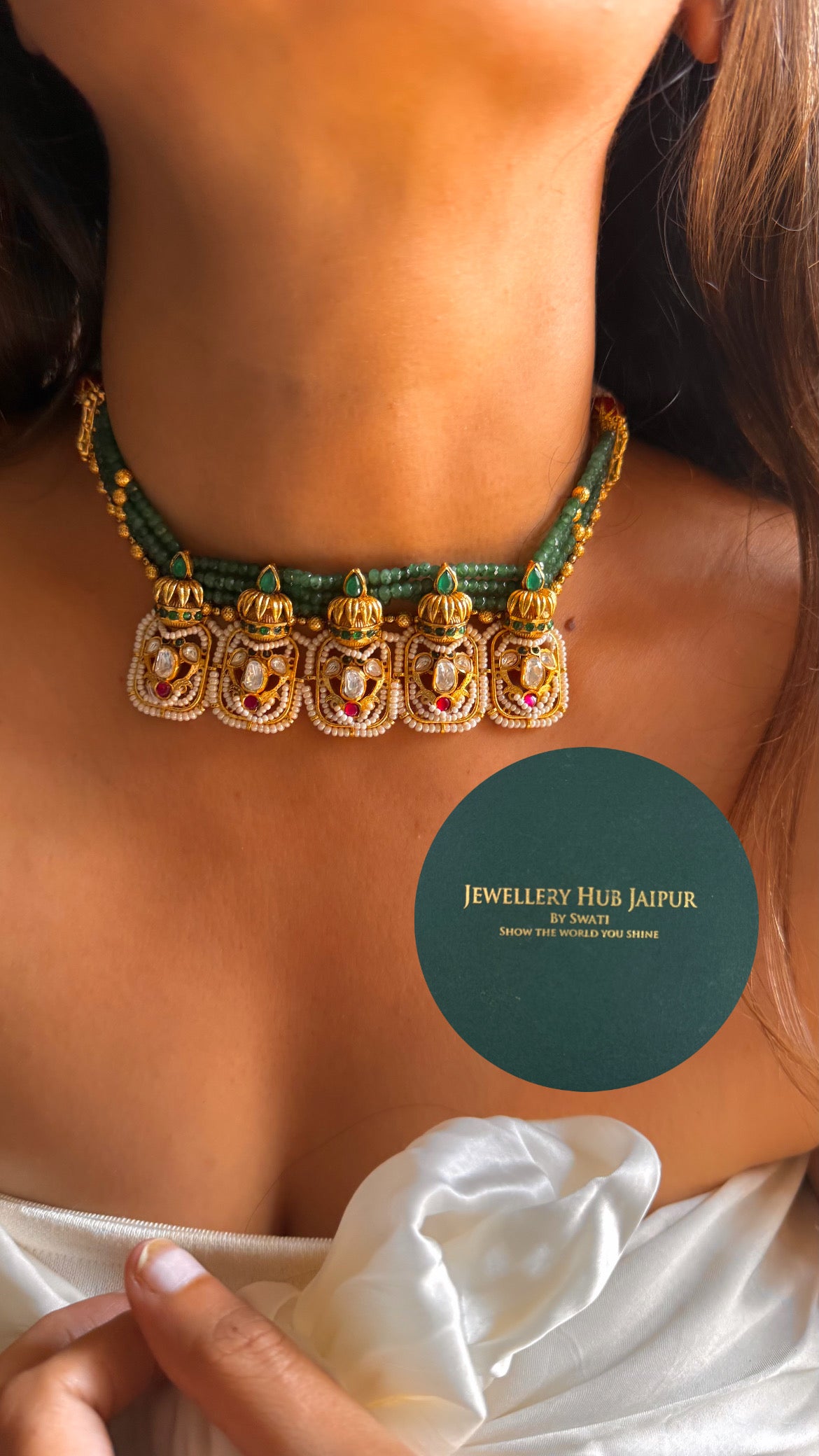 Emerald & rani pink designed kalash real moissanite choker set