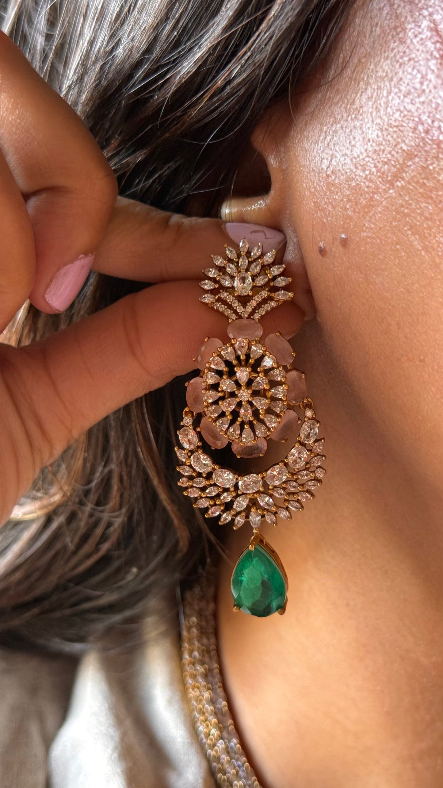 Emerald & rose quartz doublets with cz diamond desginer necklace
