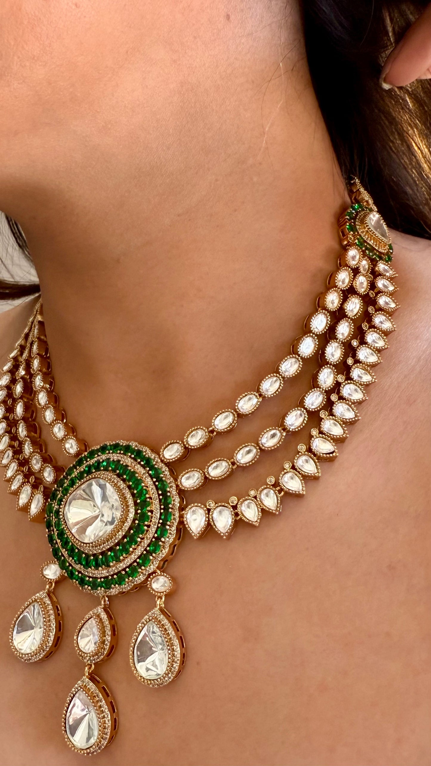 Emerald moissanite polki drop triple layered collar necklace