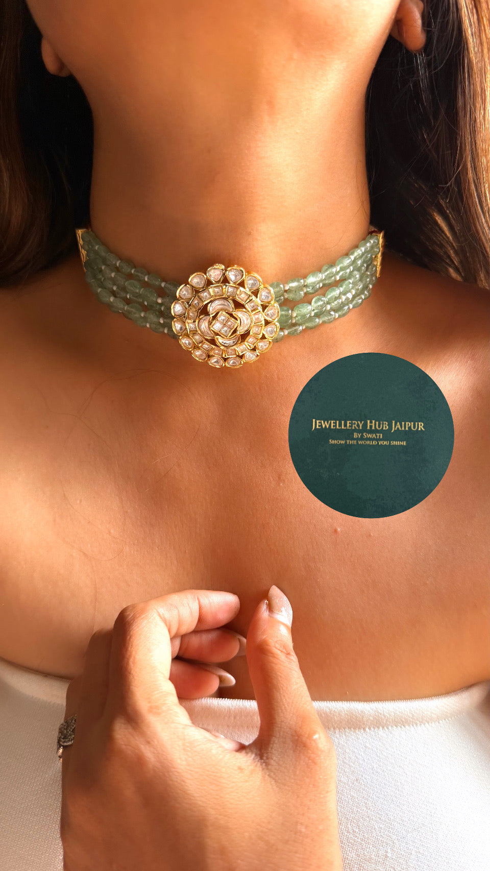 Real Moissanite polki floral mint thread choker set