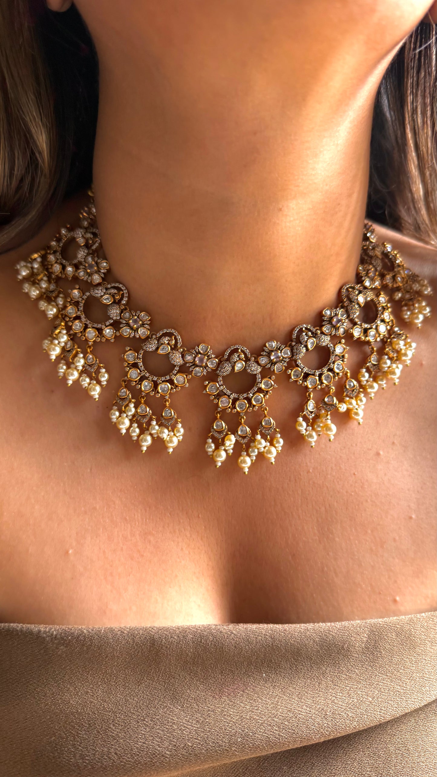 Rose Quartz designer polki collar necklace set with Pearl, drop detailing