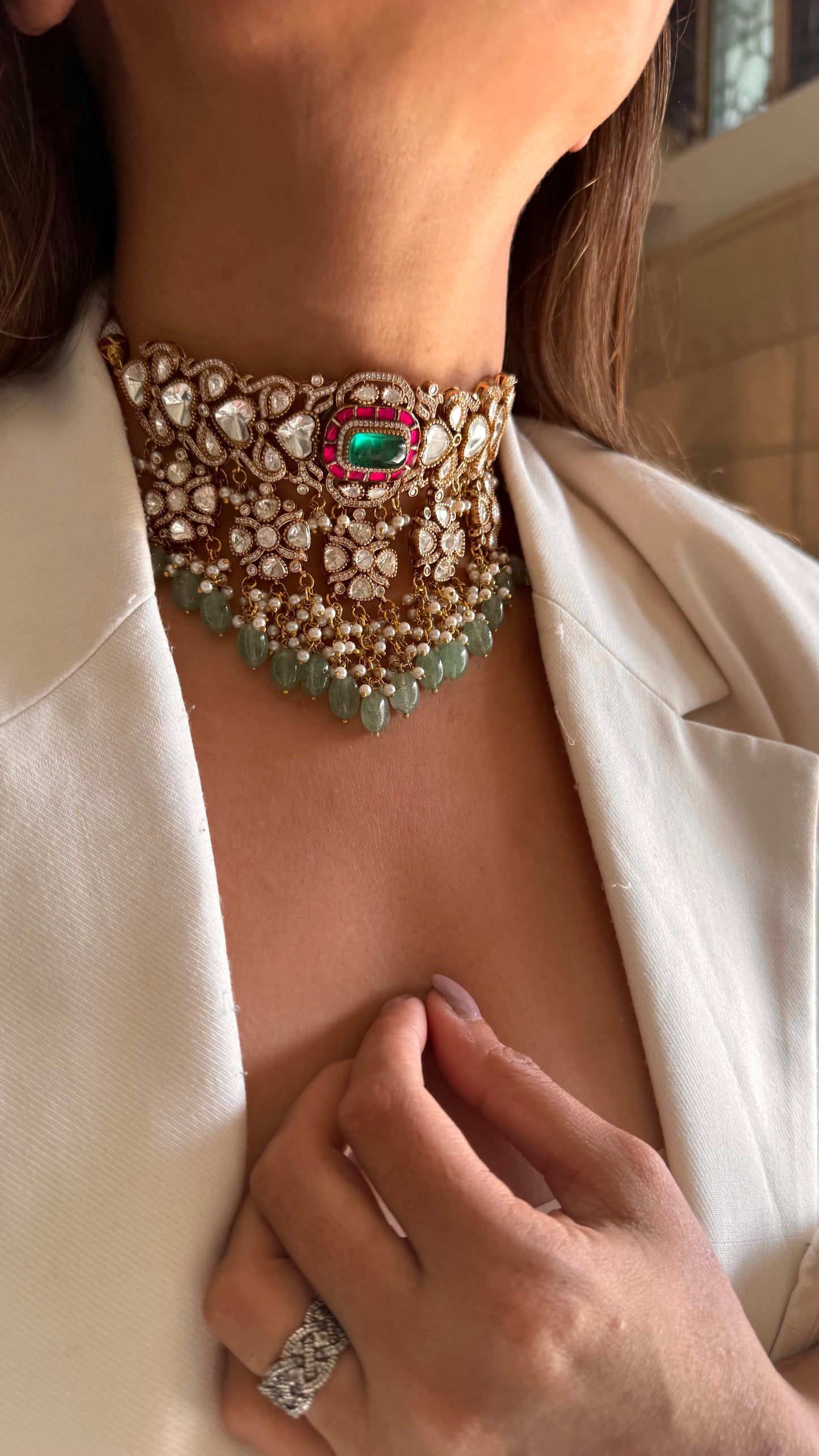 Tahira Emerald and ruby moissanite choker