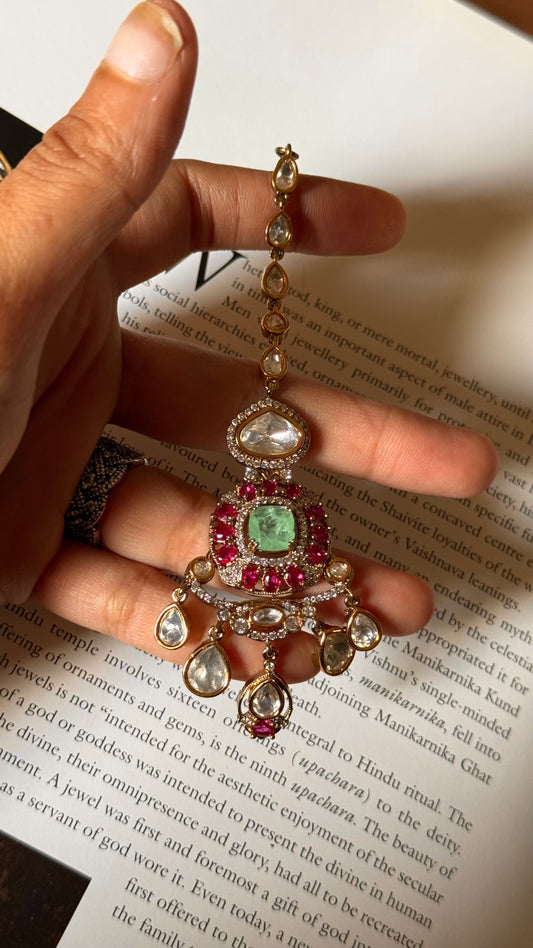 Mint doublet & rani pink moissanite polki maangtika