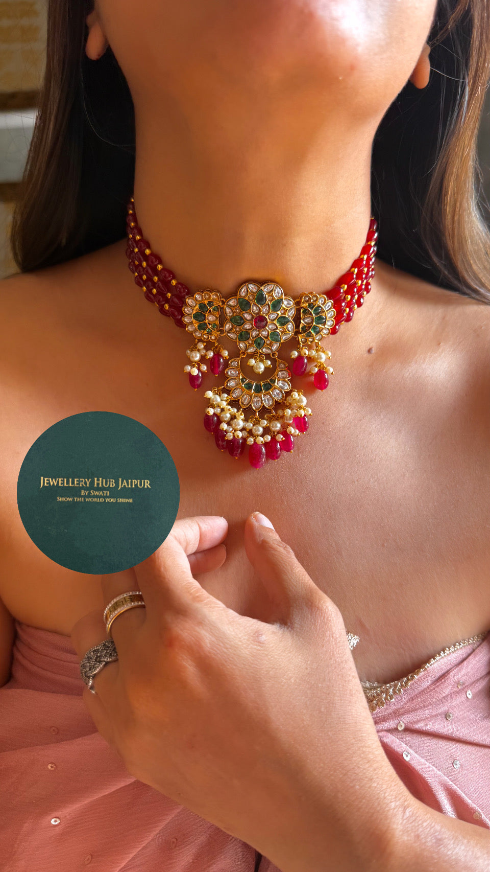 Ruby & emerald mix polki choker