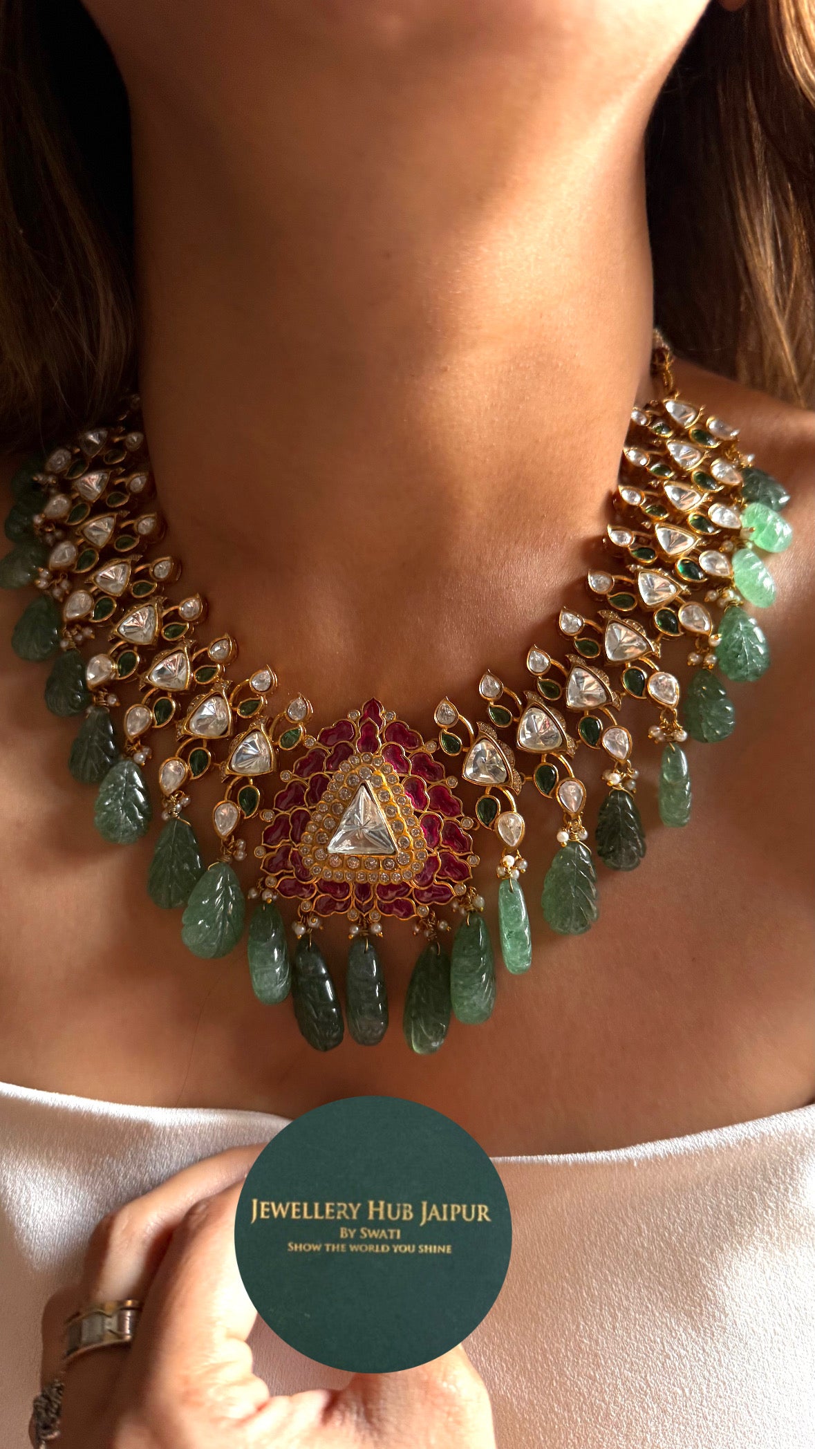 Emerald & ruby katdana moissanite polki with mint drops Necklace