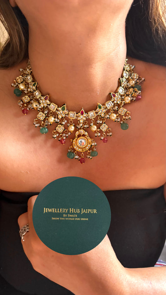 Emerald & ruby Meenakari work with pearl  detailing collar Necklace