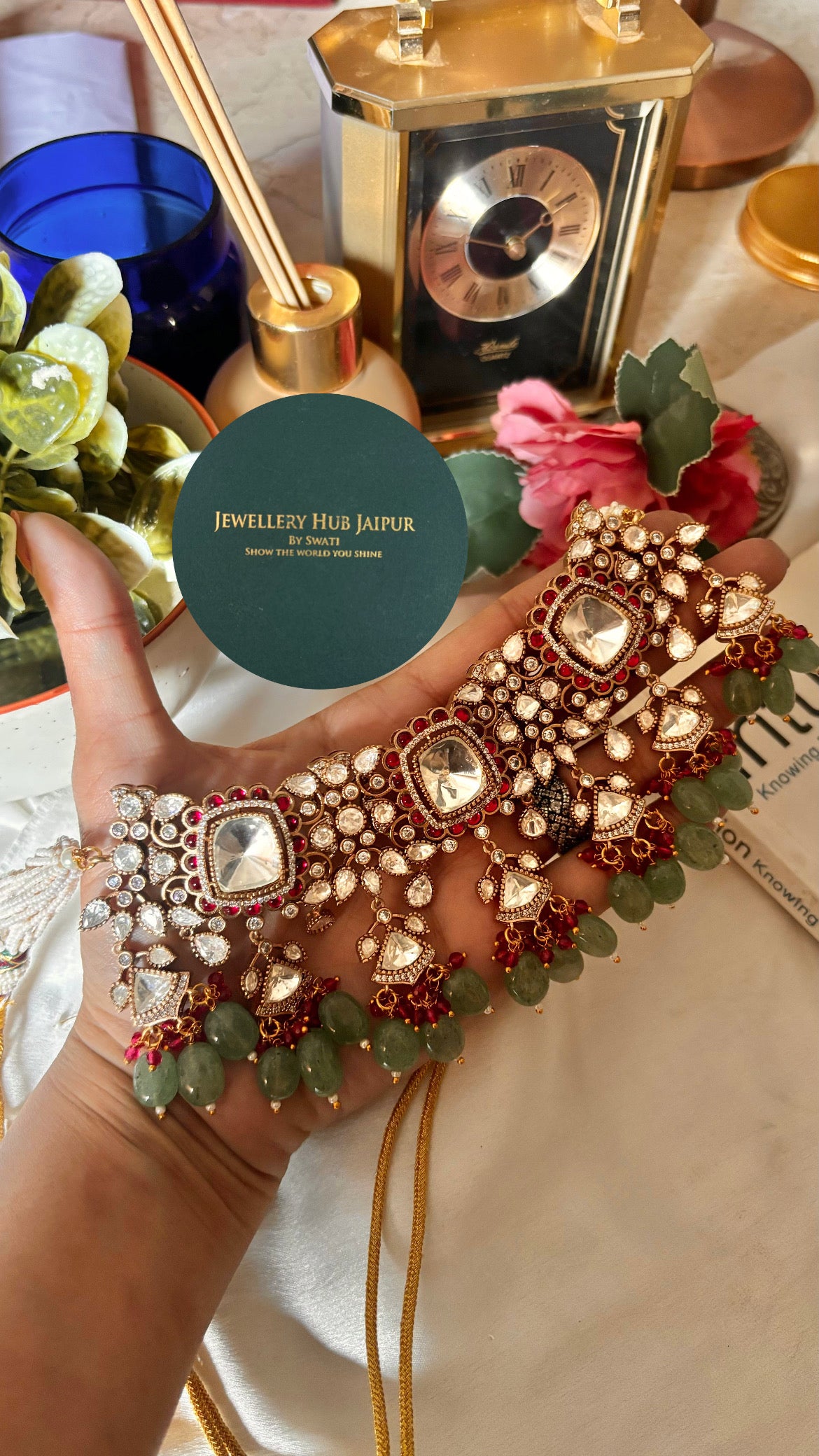 Bridal Asia Rani & mint moissanite uncut polki choker