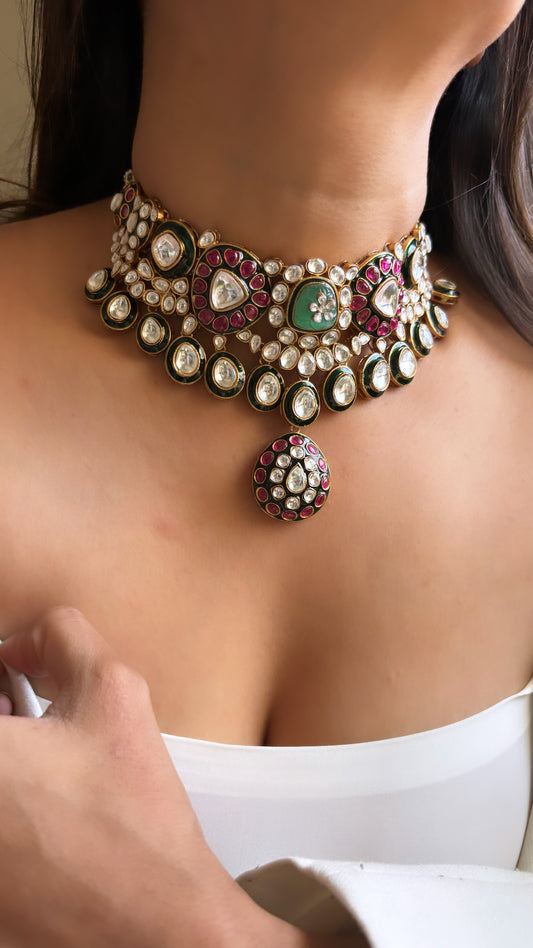 Meenakari and uncle polki fusion necklace