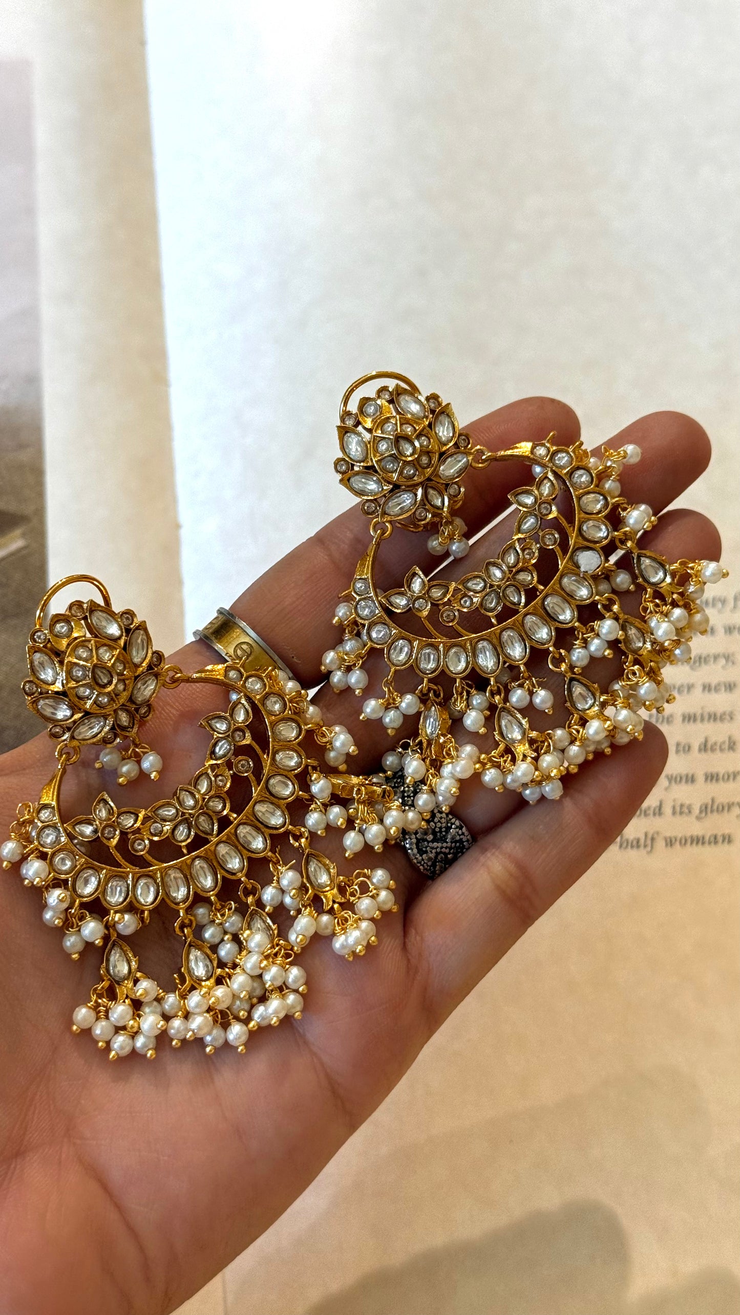 Polki lotus shaped chandbali with pearl detailing