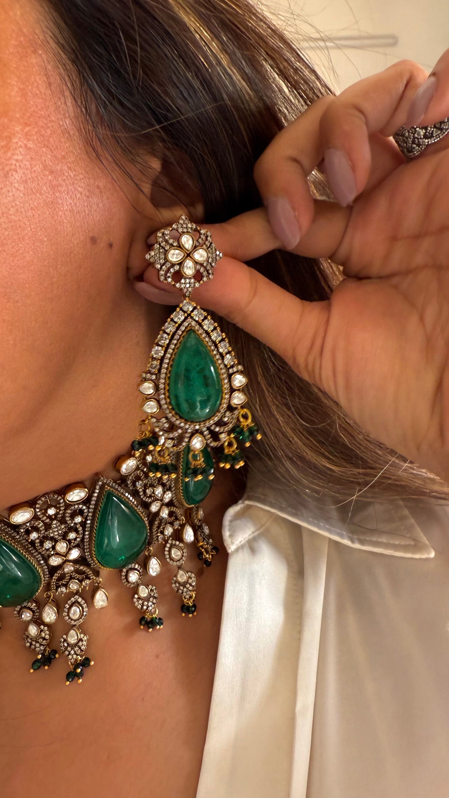 Yugma Emerald doublet victorian moissanite choker