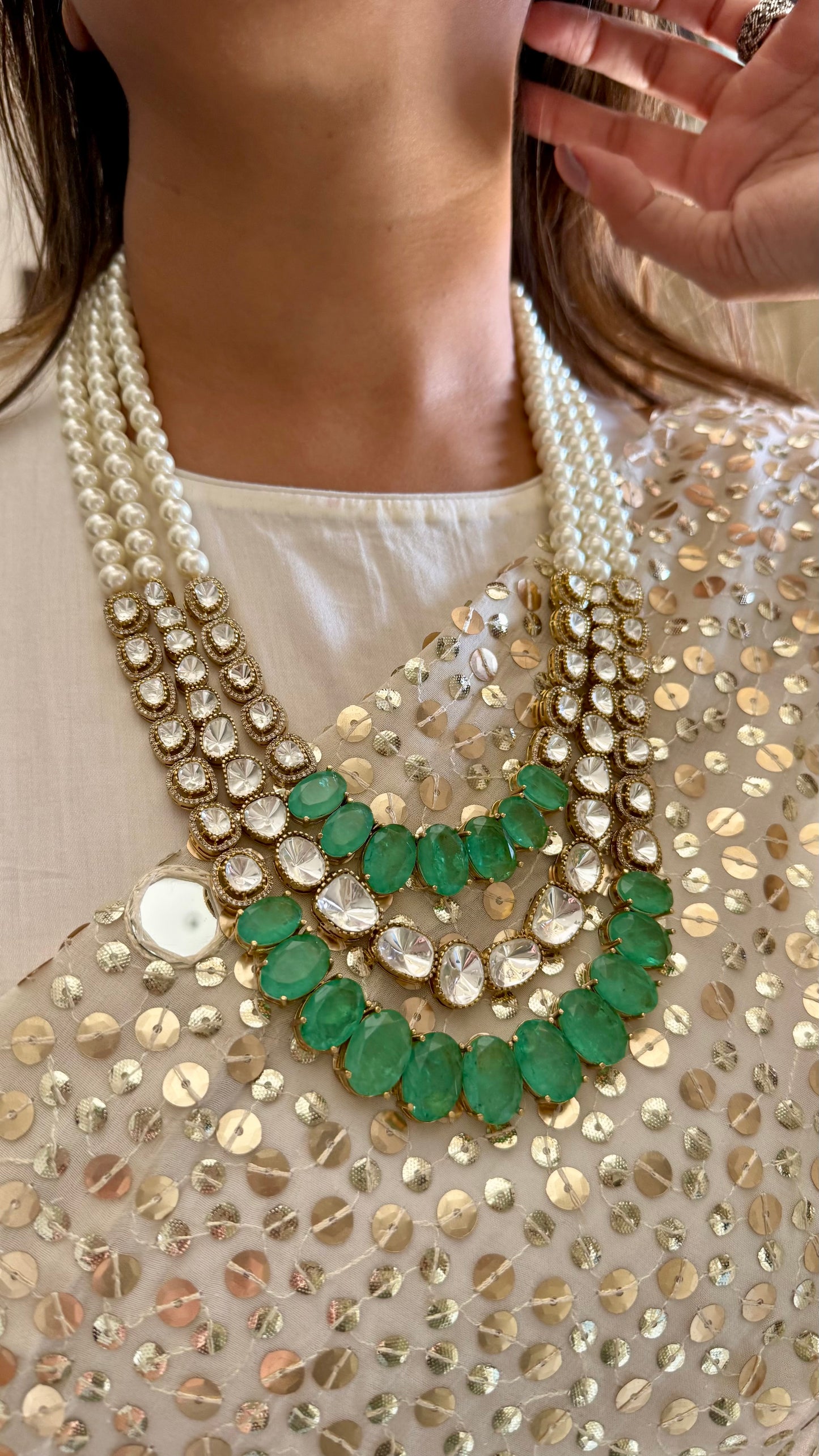 Mint three layered moissanite polki thread maharani haar
