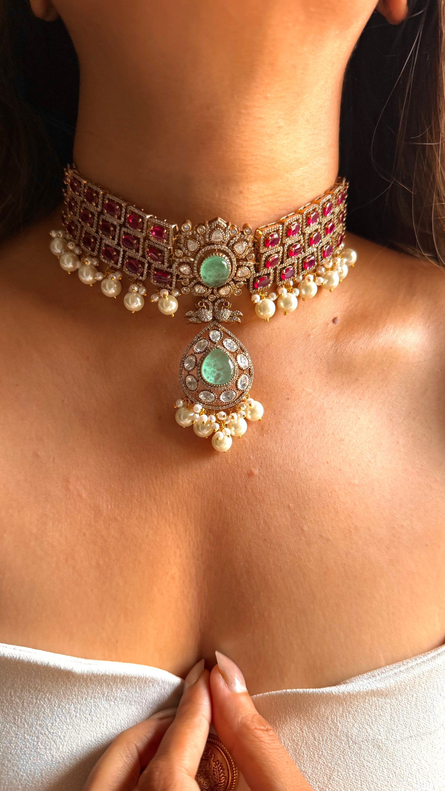 Kajol Mint doublet & rani pink moissanite with pearl drop choker