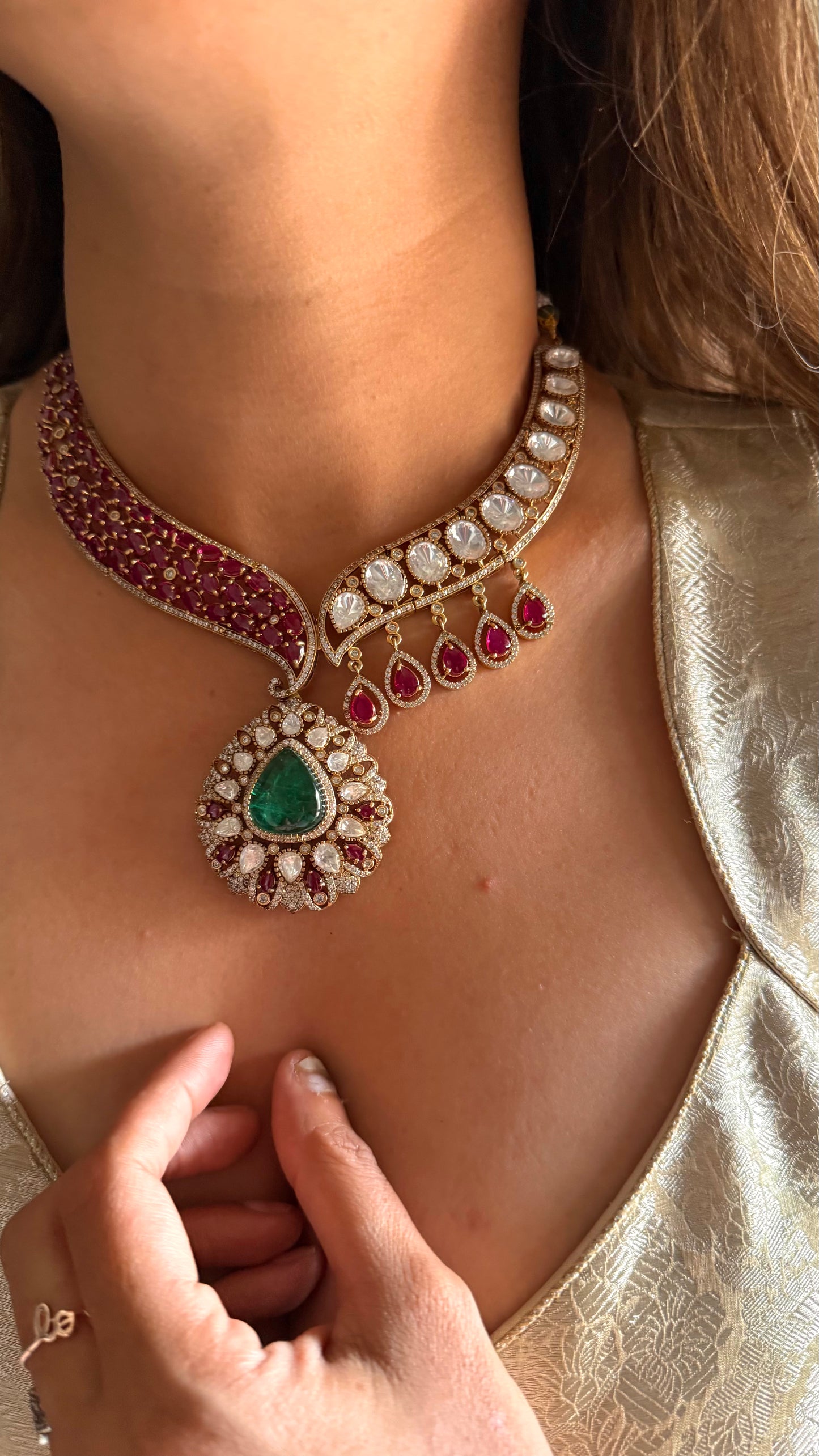 Mohini Emerald doublet & rani pink moissanite polki designer collar necklace