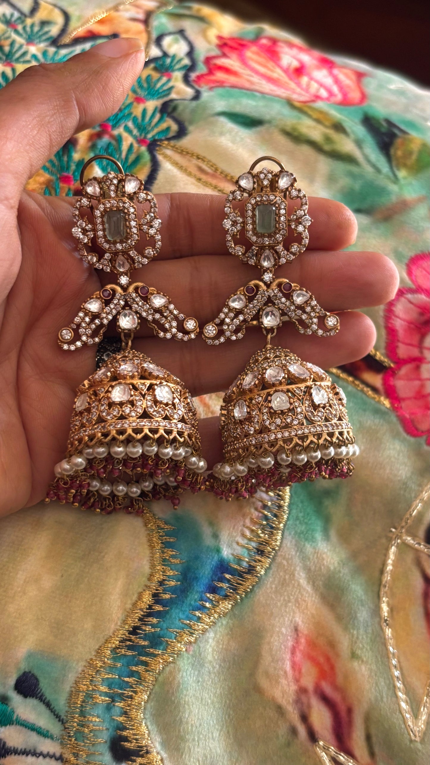 Mint  heritage polki Jhumri with pearl drops
