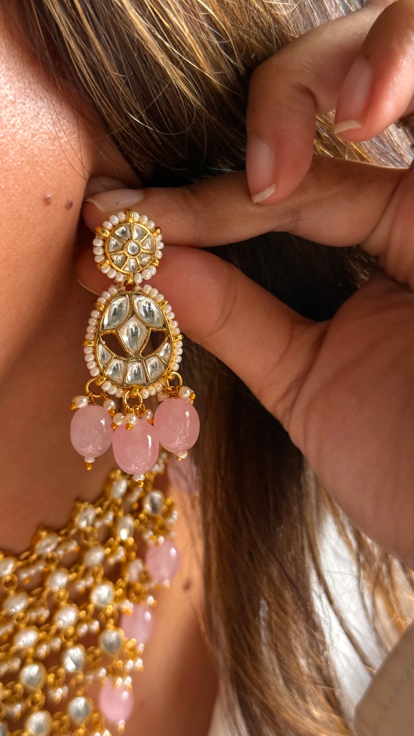 8 layered paachi Kundan rose quartz strawberry Necklace