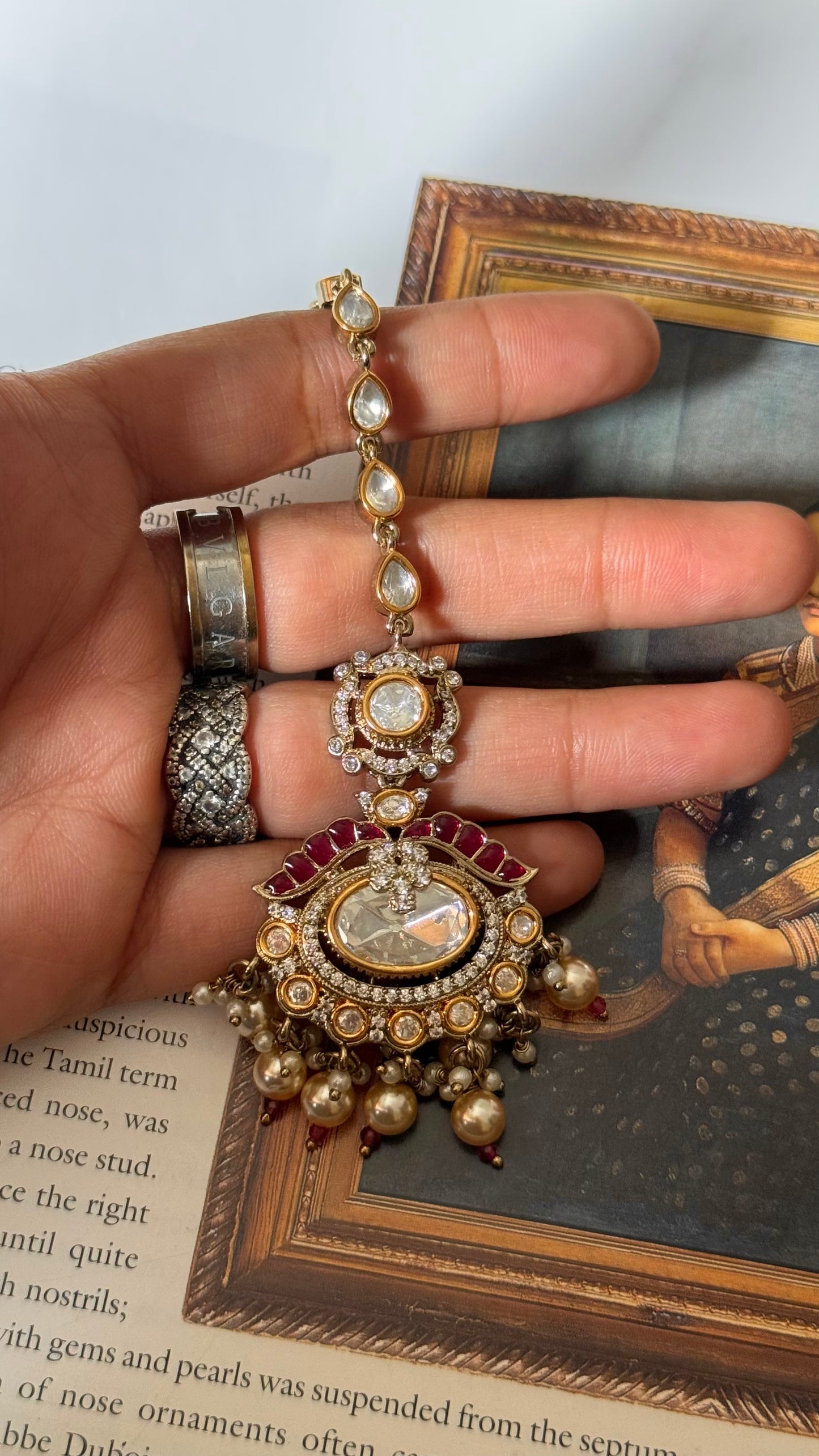 Rani pink ruby with pearl detailing polki maangtika