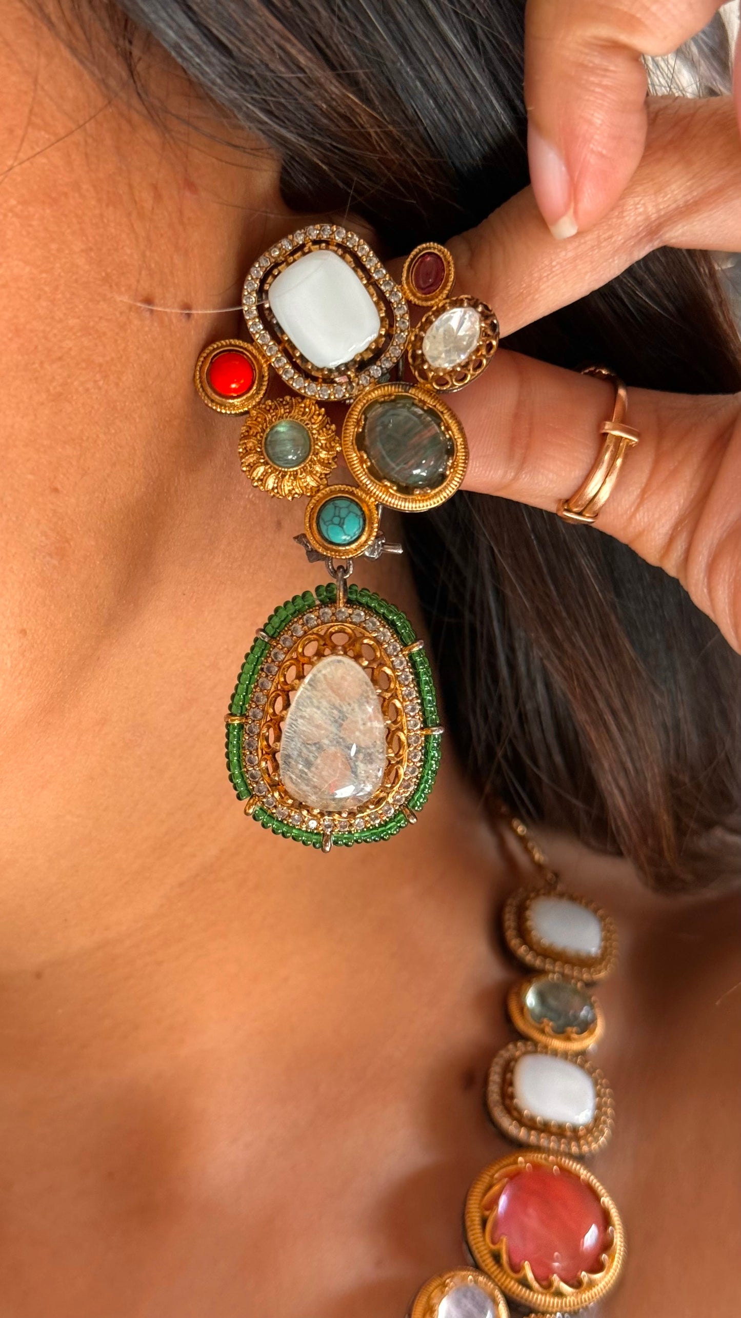 Vintage Sabyasachi inspired dual line long Navratna necklace