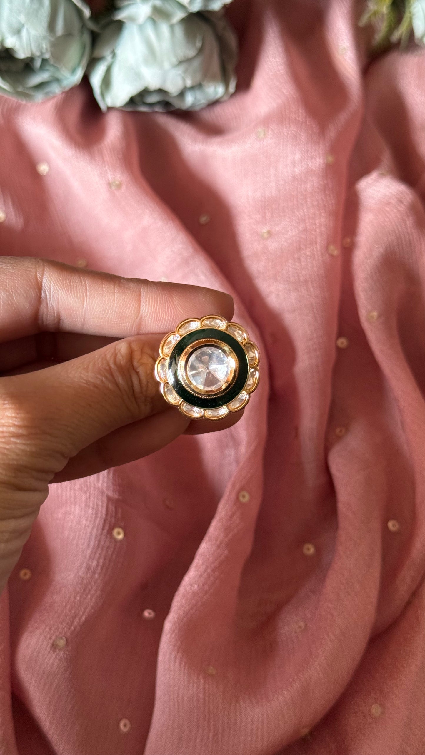 Emerald adjustable meernakari polki ring