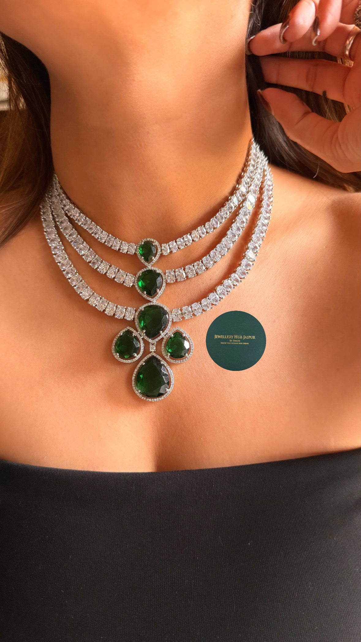 Emerald triple layer cz diamond necklace