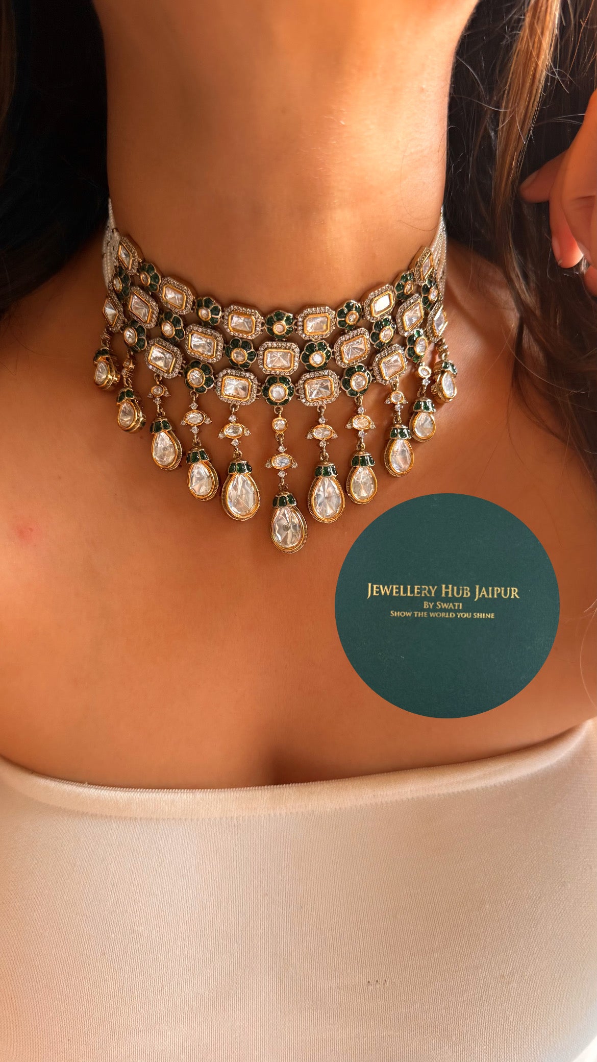 Emerald floral & moissanite polki choker set