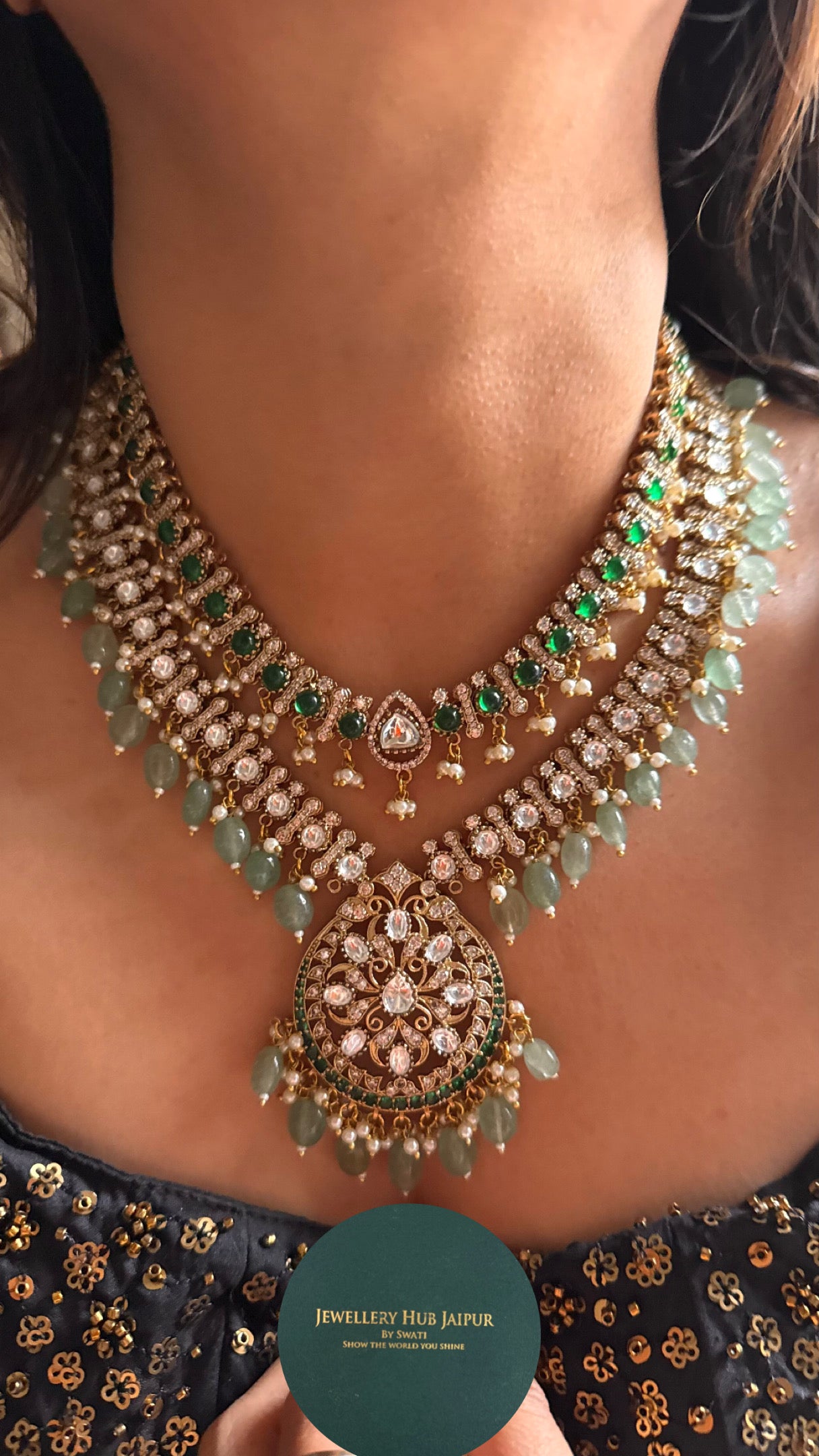 Emerald with mint drops dual line Necklace