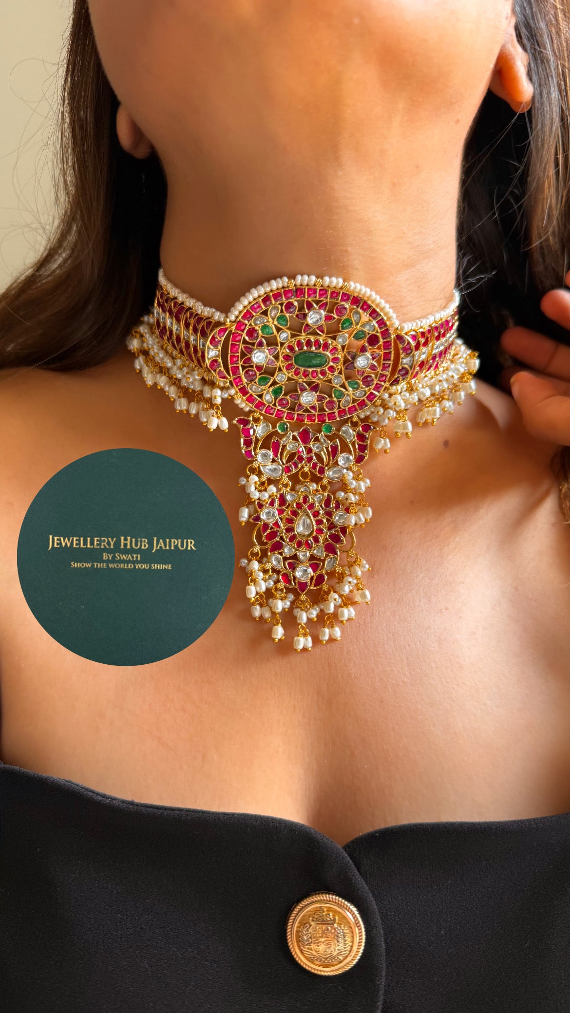 Real Kemp Rani pink & emerald paachi designer choker set