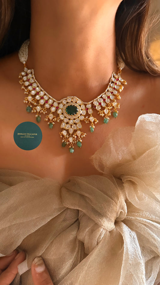 Emerald doublet real moissanite with mint drop collar set