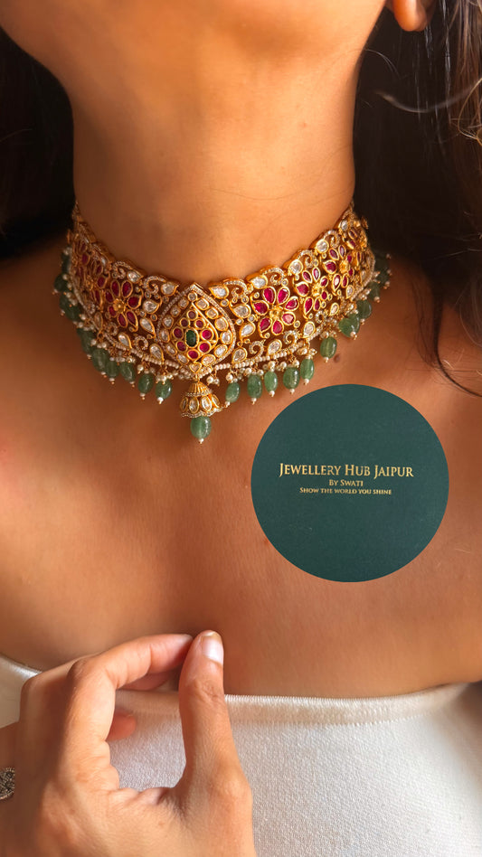 Emerald & ruby floral design with mint drop rajwada choker set
