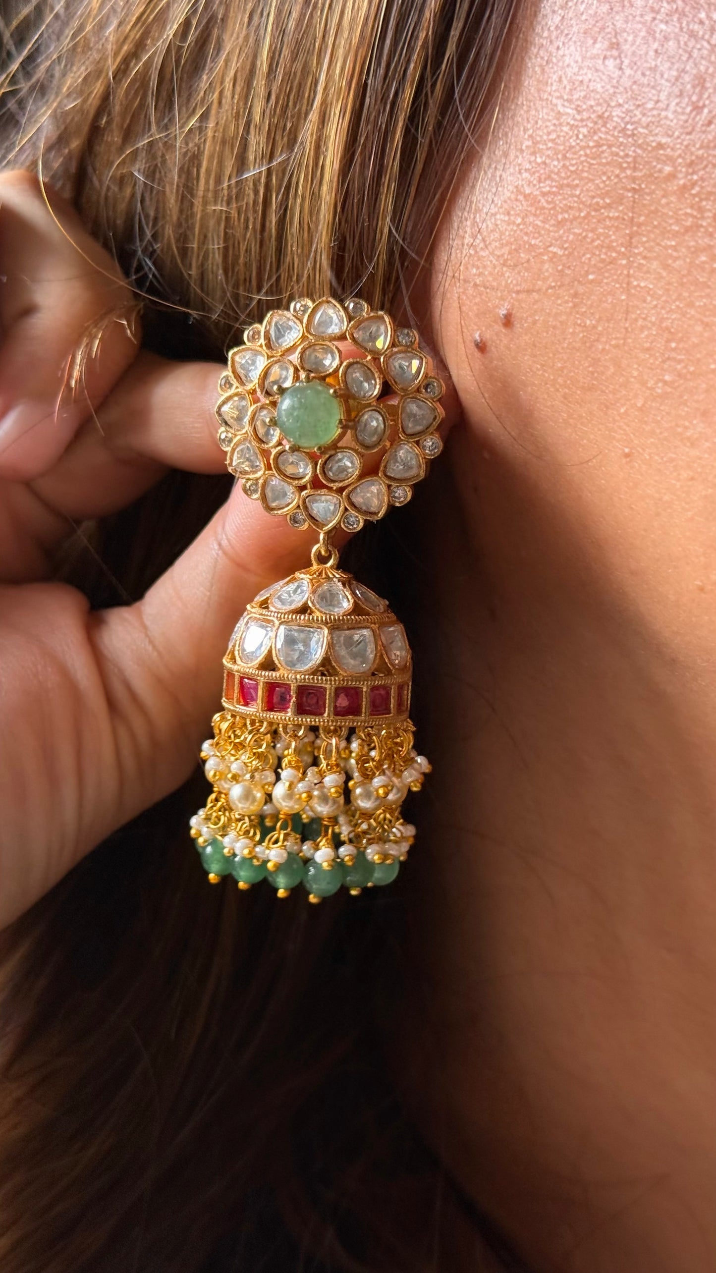 Mint doublet & Rani pink real Moissanite jhumki Earrings