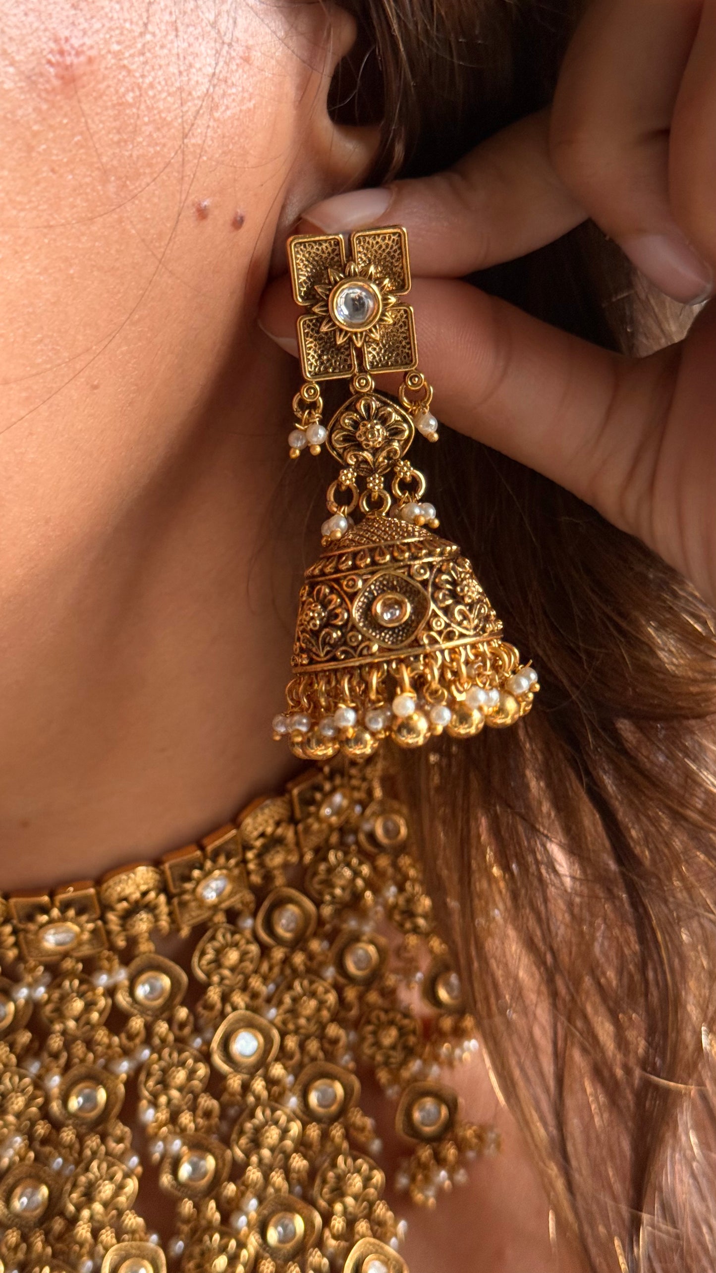 Nakshi oxidised waterfall polki necklace set