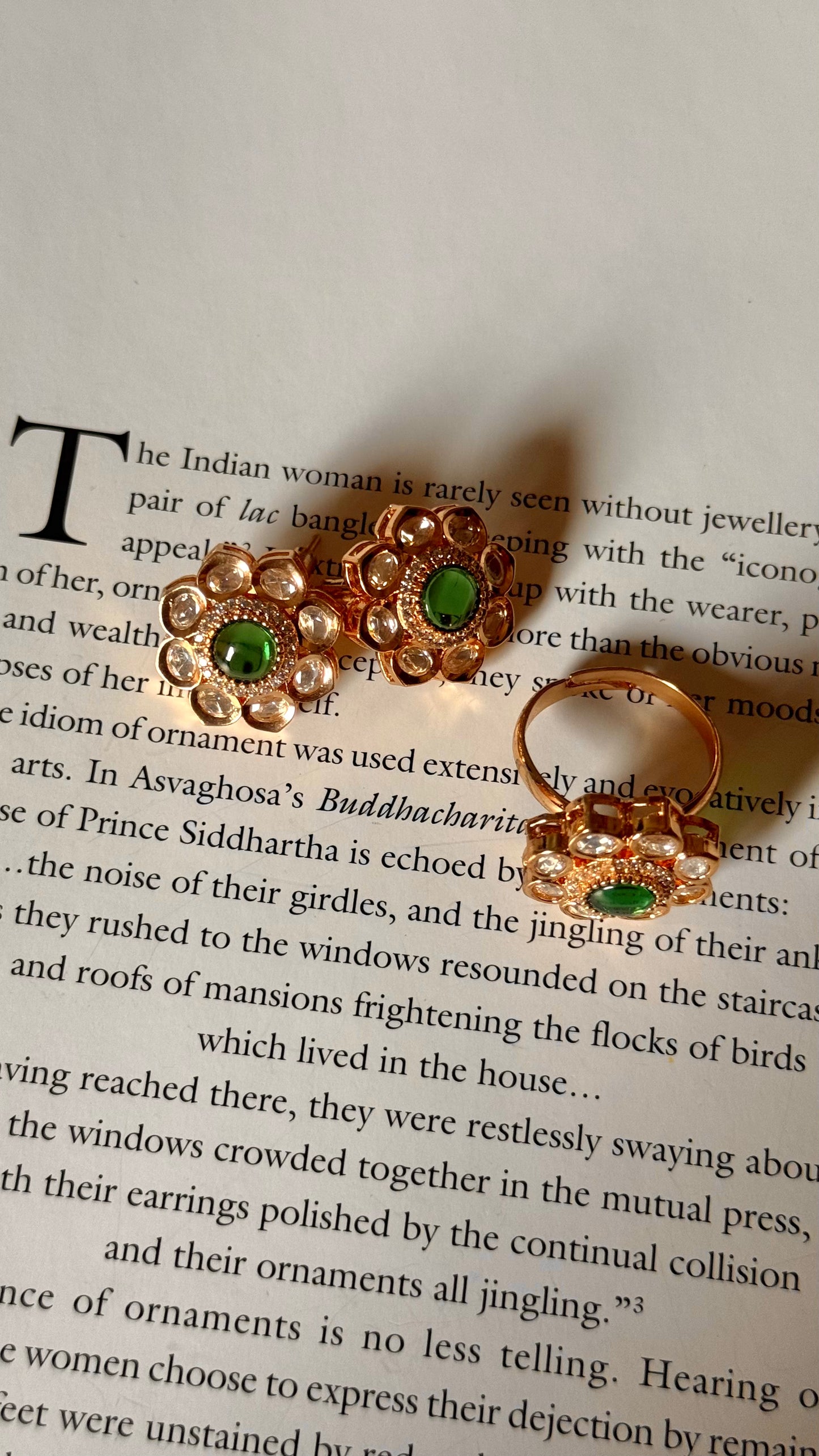 Emerald floral moissanite stud & adjustable ring