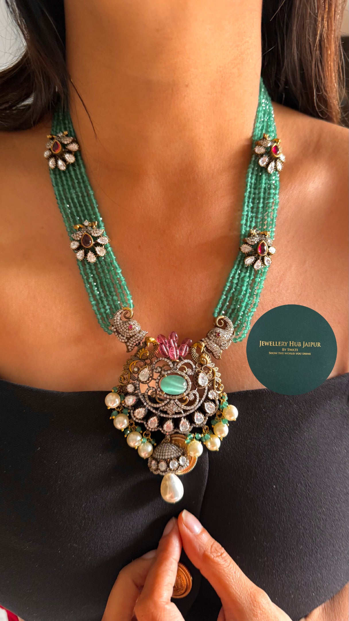 Mint victorian Chandi polki long necklace