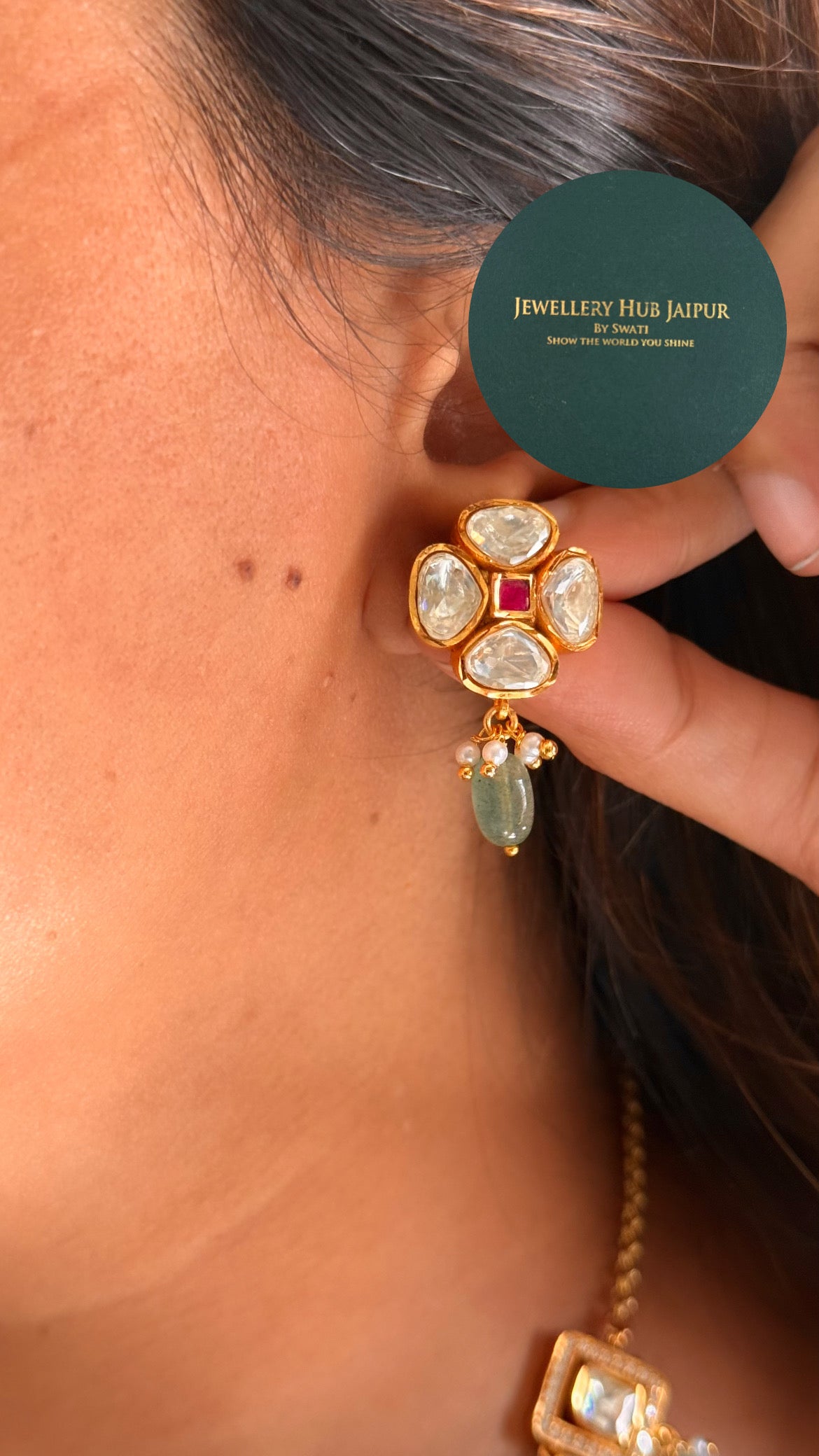 Real moissanite rani pink floral & mint drop collar set