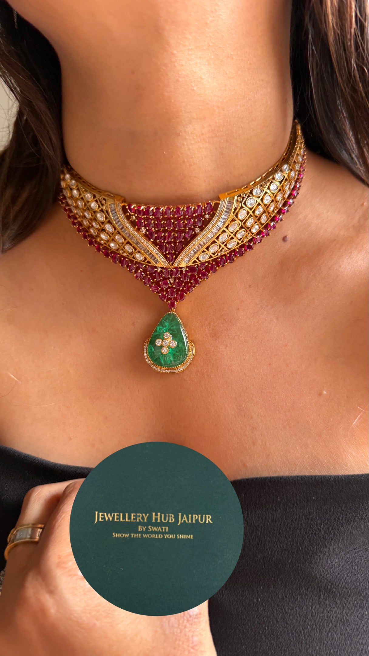 Emerald with Rani pink ruby cocktail necklace