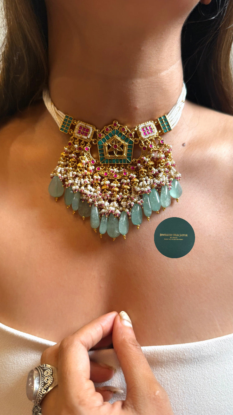 Paachi Royal Rani pink flora, mint & emerald rajwada choker set