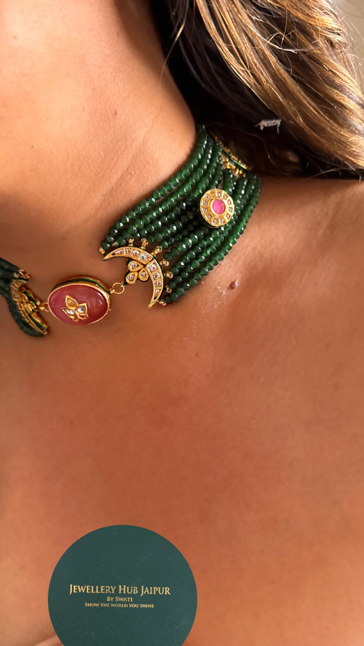 Rose quartz inlay meenakari with emerald pearl detailing choker Necklace