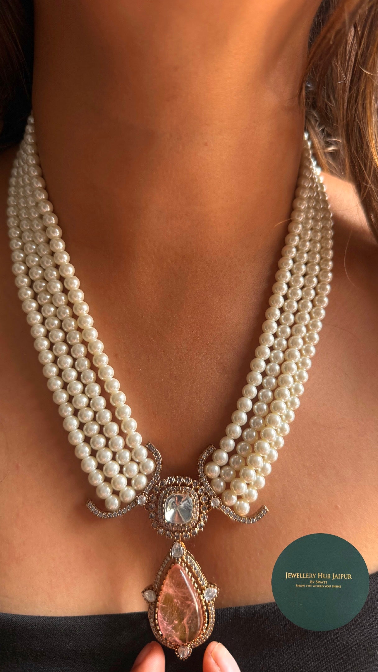 Rose quartz doublets with pearl detailing Necklace
