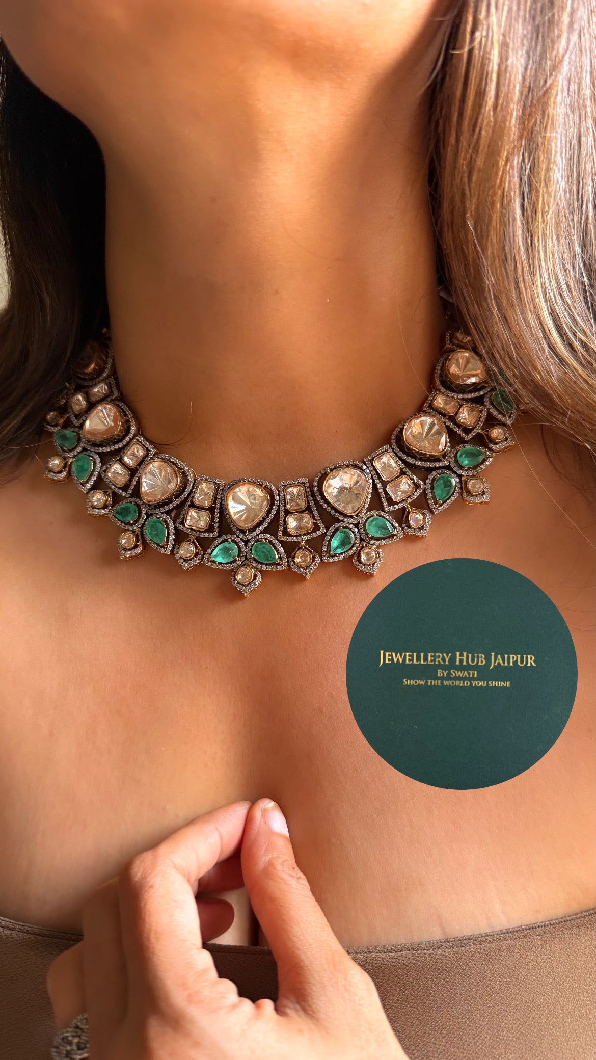 Real uncut moissanite polki Mint petal designer collar set