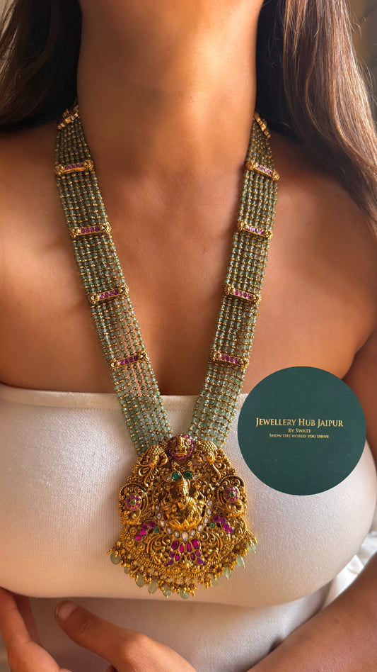 Goddess laxmi emerald & rani pink with mint string temple long set