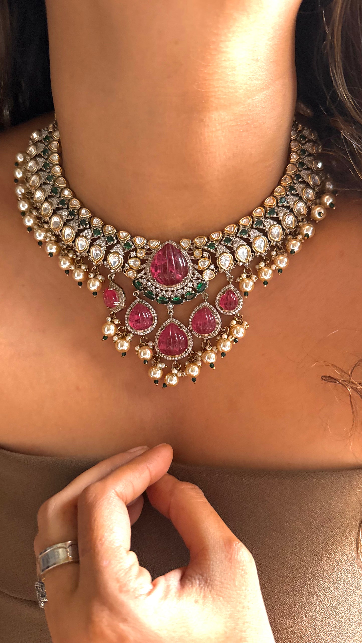 Amethyst rose & emerald polki statement necklace with pearl drop detailing