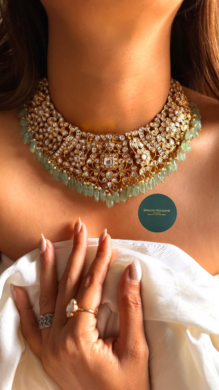 Heritage Moissanite floral with mint drop collar set
