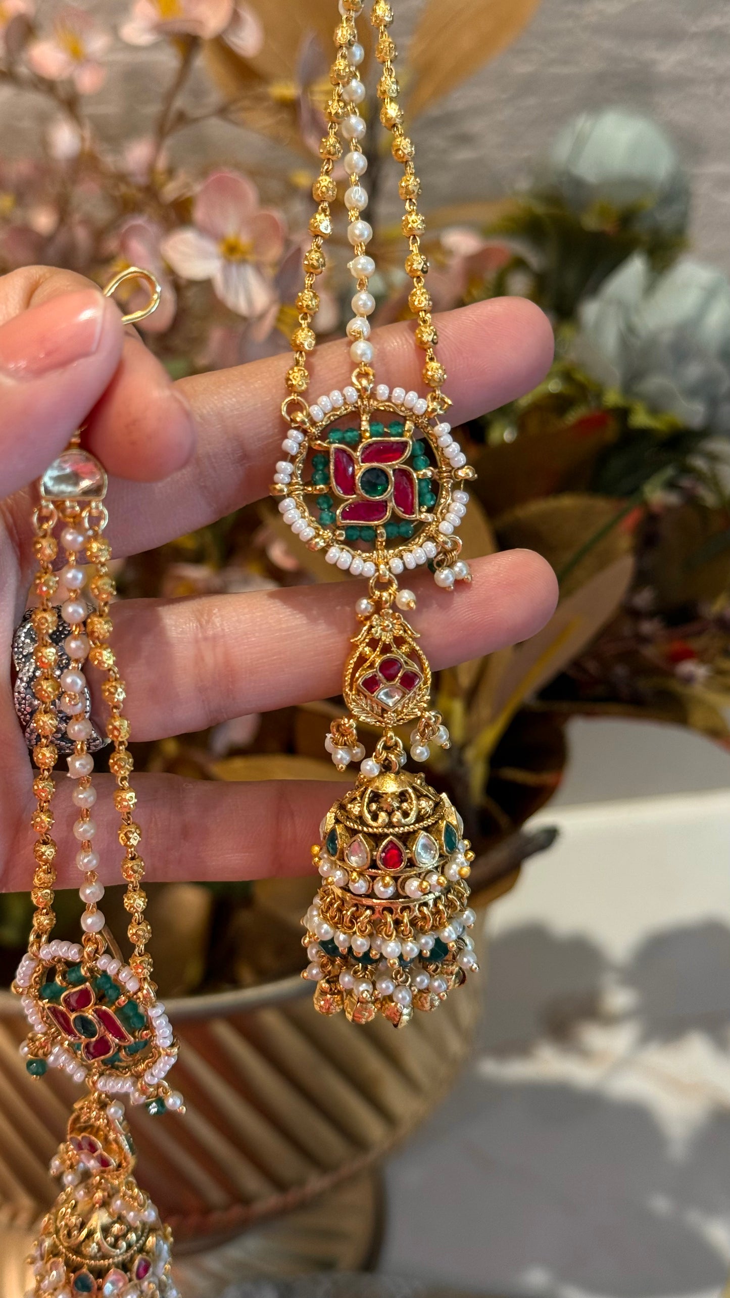 Handmade Swastik jhumki with triple line earchain