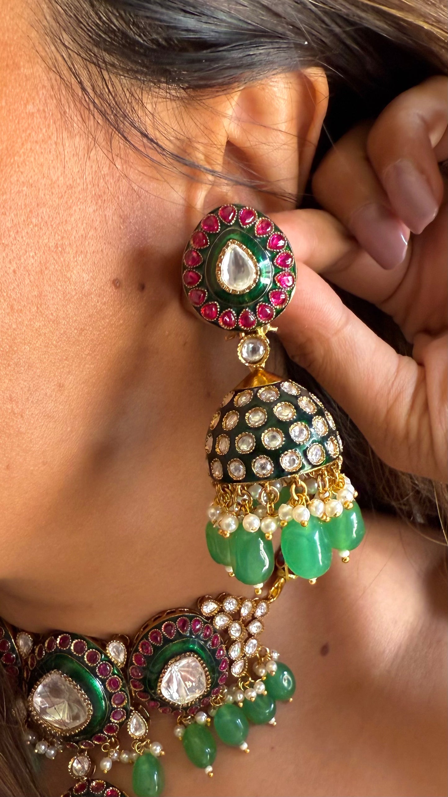 Ruby & Emerald mint polki choker necklace with jhumkas