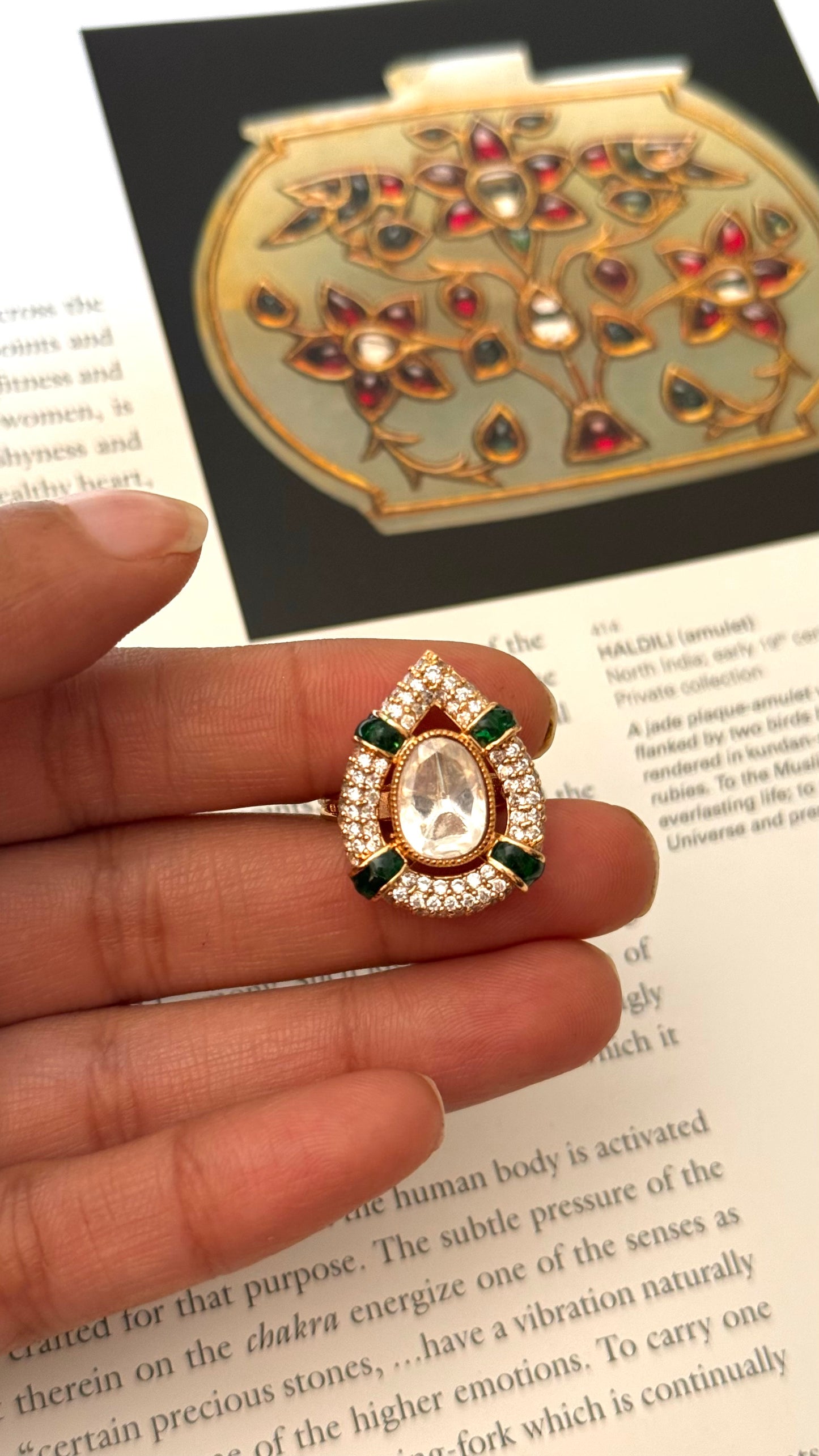 Ring kundan drop shape emerald  adjustable